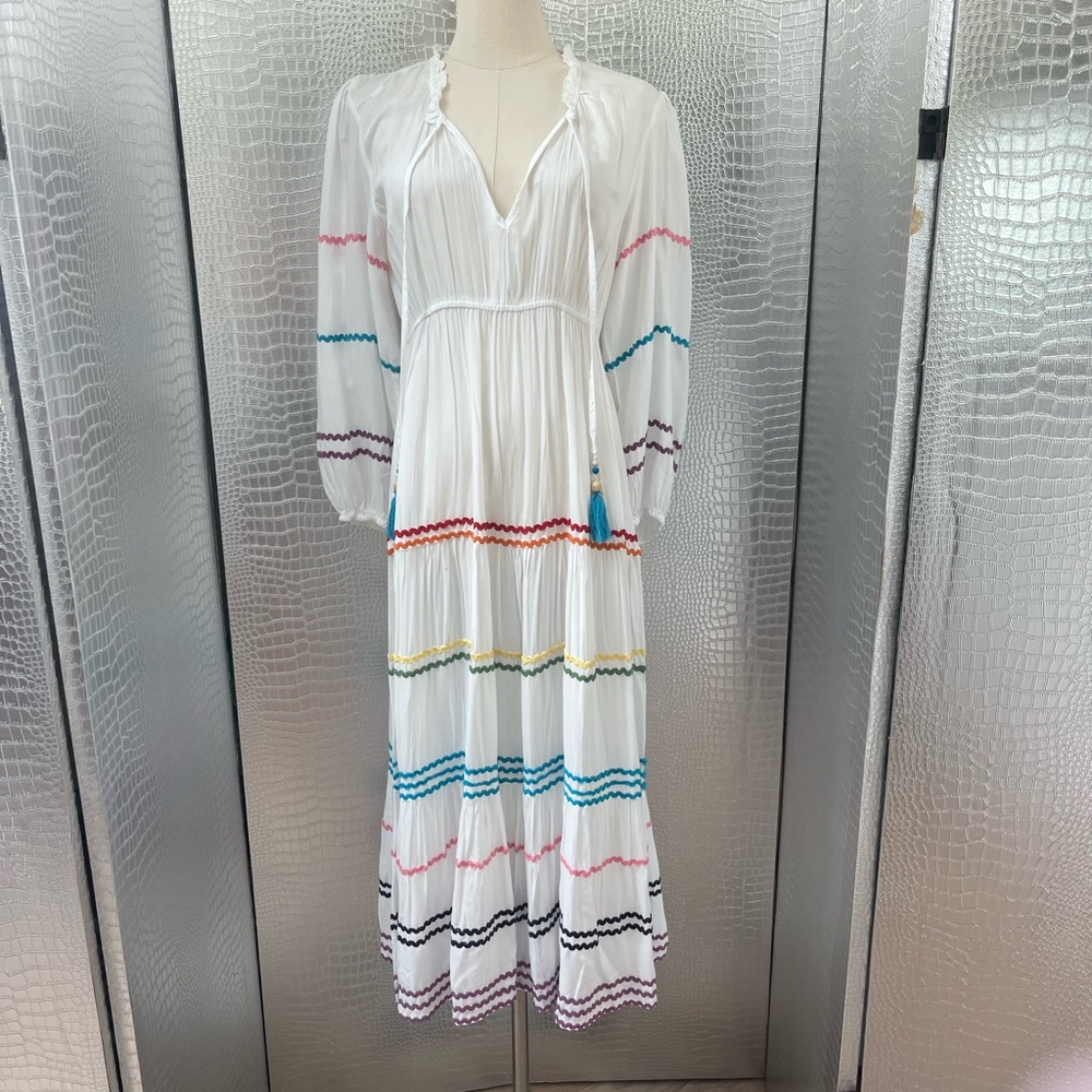 Blue Island White and Blue Tiered Sundress with Bishop Sleeves